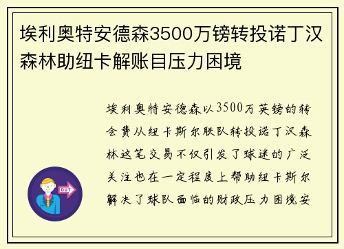 埃利奥特安德森3500万镑转投诺丁汉森林助纽卡解账目压力困境 埃利奥特安德森3500万镑转投诺丁汉森林助纽卡解账目压力困境