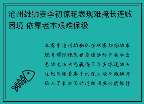 沧州雄狮赛季初惊艳表现难掩长连败困境 依靠老本艰难保级
